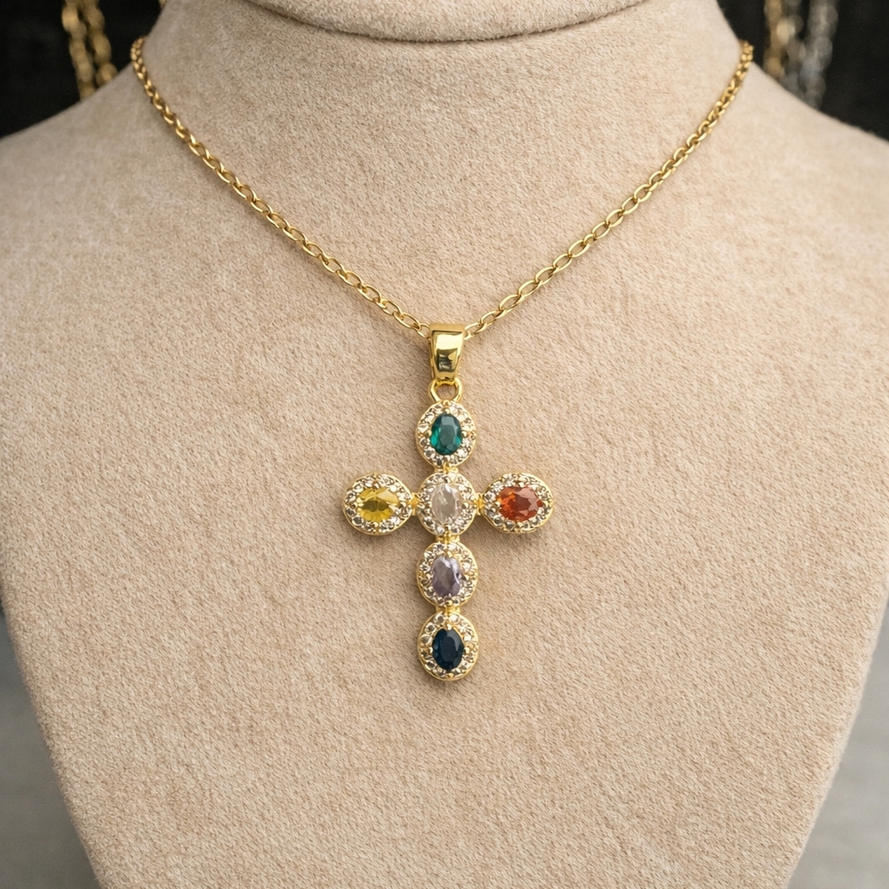 Elegant Multicolor Gemstone Cross Pendant Necklace - Picture 3 of 4